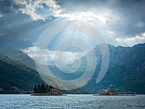 Our Lady of the Rock and St.George Island near town Perast, Montenegro. Beautiful evening view at sunset. Adriatic Sea. Perast,