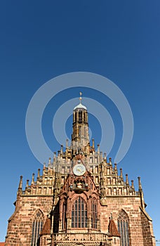 The Our Lady`s church Frauenkirche at the NÃ¼rnberg Hauptmarkt central square in Nuremberg, Germany