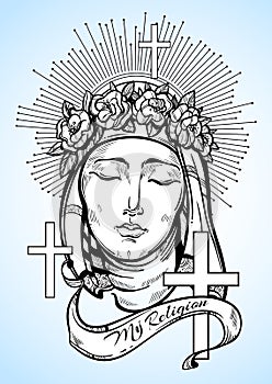 Our Lady of Sorrows. Symbol of Christianity and outstanding faith. Religious vector illustration great for print, posters.