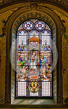 Our Lady stained glass in the Church of Santa Maria dell`Anima, in Rome, Italy.