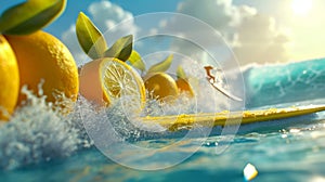 Our lemonloving hero gliding effortlessly on his vibrant yellow surfboard leaving a trail of lemony freshness behind him