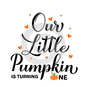Our Little Pumpkin is turning one calligraphy hand lettering with cute pumpkin. Fall baby first birthday decorations