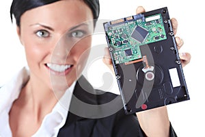 Our new software. Woman holding compact disc