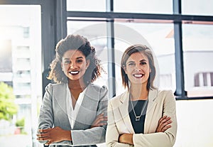 Our partnership has only ever seen big profits. Portrait of two confident young businesswomen standing together in an