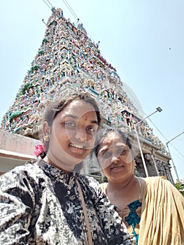 Our selfi infront of an ancient temple `Kapaleeswarar Temple` in Madras India.