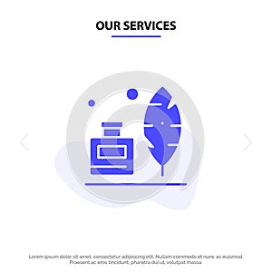 Our Services Adobe, Feather, Inkbottle, American Solid Glyph Icon Web card Template