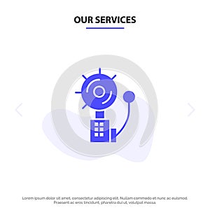 Our Services Alarm, Alert, Bell, Fire, Intruder Solid Glyph Icon Web card Template