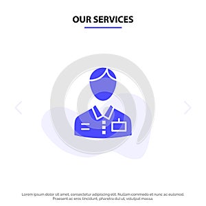 Our Services Bellboy, Bellhop, Doorman, Hotel, Service Solid Glyph Icon Web card Template