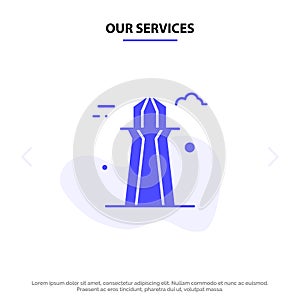 Our Services Canada, Co Tower, Canada Tower, Building Solid Glyph Icon Web card Template
