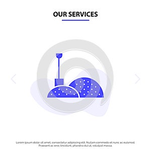 Our Services Construction, Shovel, Tools Solid Glyph Icon Web card Template