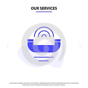 Our Services Device, Help, Productivity, Support, Telephone Solid Glyph Icon Web card Template