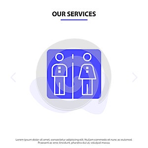 Our Services Down, Elevator, Machine, Hotel Solid Glyph Icon Web card Template