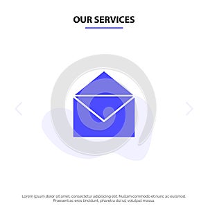 Our Services Email, Mail, Message, Open Solid Glyph Icon Web card Template