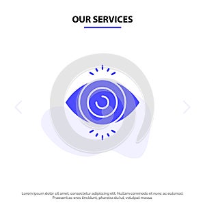 Our Services Eye Test, Search, Science Solid Glyph Icon Web card Template