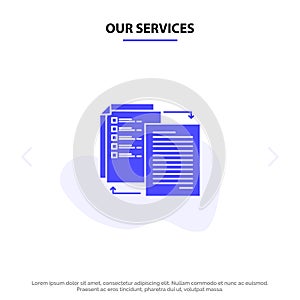 Our Services File, Share, Transfer, Wlan, Share it Solid Glyph Icon Web card Template