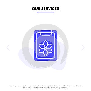 Our Services Flower, Clipboard, Spring, Clip Solid Glyph Icon Web card Template