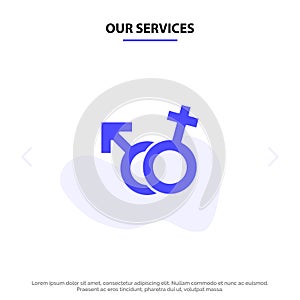 Our Services Gender, Symbol, Male, Female Solid Glyph Icon Web card Template