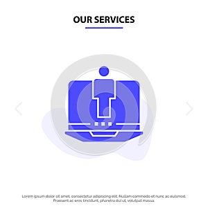 Our Services Laptop, Computer, Hardware, Service Solid Glyph Icon Web card Template