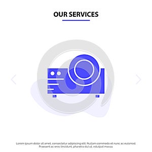 Our Services Projector, Film, Movie, Multi Media Solid Glyph Icon Web card Template