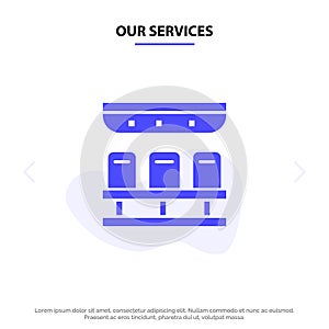 Our Services Seats, Train, Transportation, Travel Solid Glyph Icon Web card Template