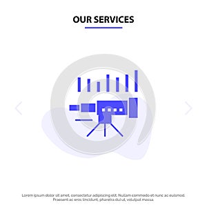 Our Services Telescope, Business, Forecast, Forecasting, Market, Trend, Vision Solid Glyph Icon Web card Template