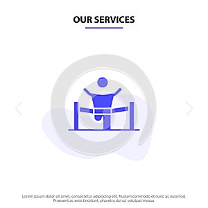 Our Services Winner, Business, Finish, Leader, Leadership, Man, Race Solid Glyph Icon Web card Template