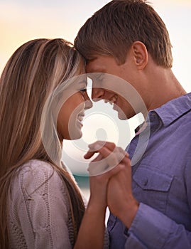 Our souls are intertwined. a young couple enjoying a romantic moment at sunset.