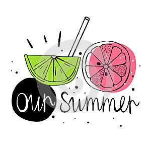 Our summer. Vector illustration with citrus fruits. Scandinavian motives. Drawing by hand. Cute, colorful print