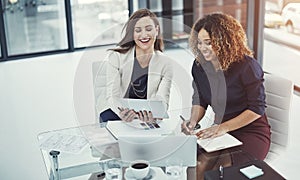 Our users will have a flawless experience using our website. two businesswomen discussing something on a digital tablet.