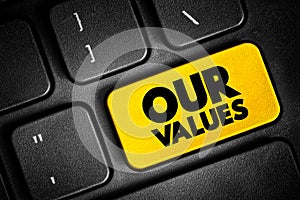 Our Values text button on keyboard, concept background