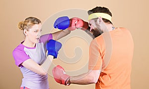 Our warm up is your work out. sportswear. Fight. Happy woman and bearded man workout in gym. knockout and energy. couple