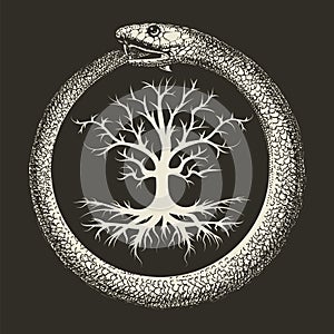 Ouroboros Snake and Tree of Life Ancient Esoteric Symbol