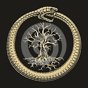Ouroboros Snake And Tree of Life Esoteric Illustration