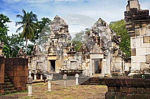 Ð¡ourtyard and libraries of ancient Khmer temple built of red sandstone and laterite and dedicated to the Hindu god Shiva