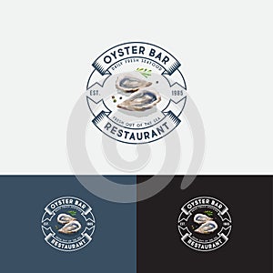 Ouster Bar Logo. Seafood Restaurant Emblem. Letters and Watercolor Illustration of Oysters in Circle.