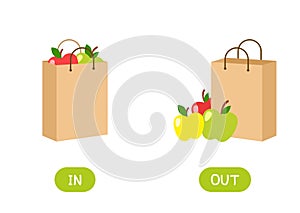 In and out antonyms word card flat vector template. Flashcard for english language learning. photo