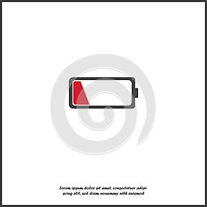 Out of battery charge vector icon. Low red battery on white isolated background