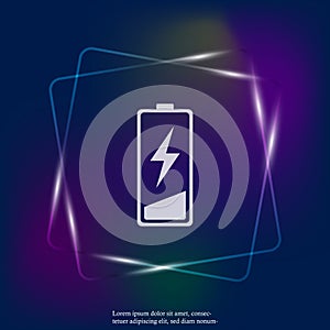 Out of battery charge vector neon light icon. Low battery. Layer