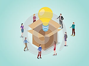 Out of the box thinking concept for problem solving with light bulb with team people and isometric style - vector