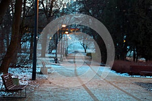Out of focus, footprints from the transprot in the park in the winter.