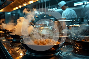Out of focus professional chef preparing restaurant quality food in a professional kitchen, steaming pan of noodles or spaghetti,