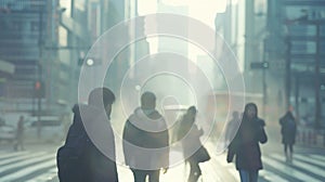 Out of focus silhouettes of people crossing a busy street surrounded by a misty haze that obscures the city skyline in