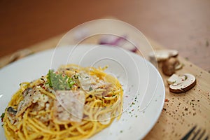 Out of focus spaghetti carbonara lunch dinner meal