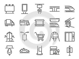 Out of home media line icon set. Included icons as advertise, outdoor advertising, marketing, outdoor media and more. photo