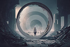 Out of the Loop. Abstract illustration. Man stands in a post-apocalyptic wasteland city near a giant concrete circle portal.