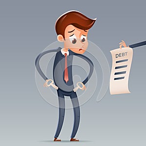 Out of Money Debt Sad Businessman Empty Pockets Cartoon Character Looking Bill Icon Retro Cartoon Financial Concept