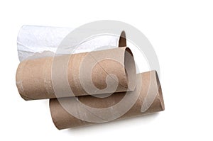 Out of paper toilet rolls in bathroom on white background