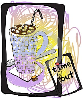 Out time on the phone screen with a cup of chocolate vector illustration, isolate, break