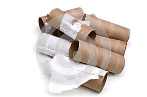 Out of toilet paper rolls or bath tissues on white background