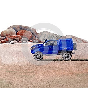 Outback landscape composition with blue 4x4 car, sandy desert road, tyre tracks, hills and rocks. Design for touring, exploring,